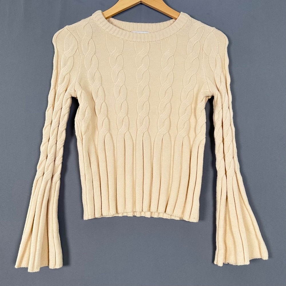 Evereve Womens XS Cream Cable Knit Bell Sleeve Flare Cuff Ribbed Sweater Ivory
